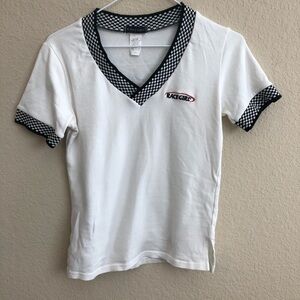 Racegirl Top White Short Sleeve V-Neck Retro